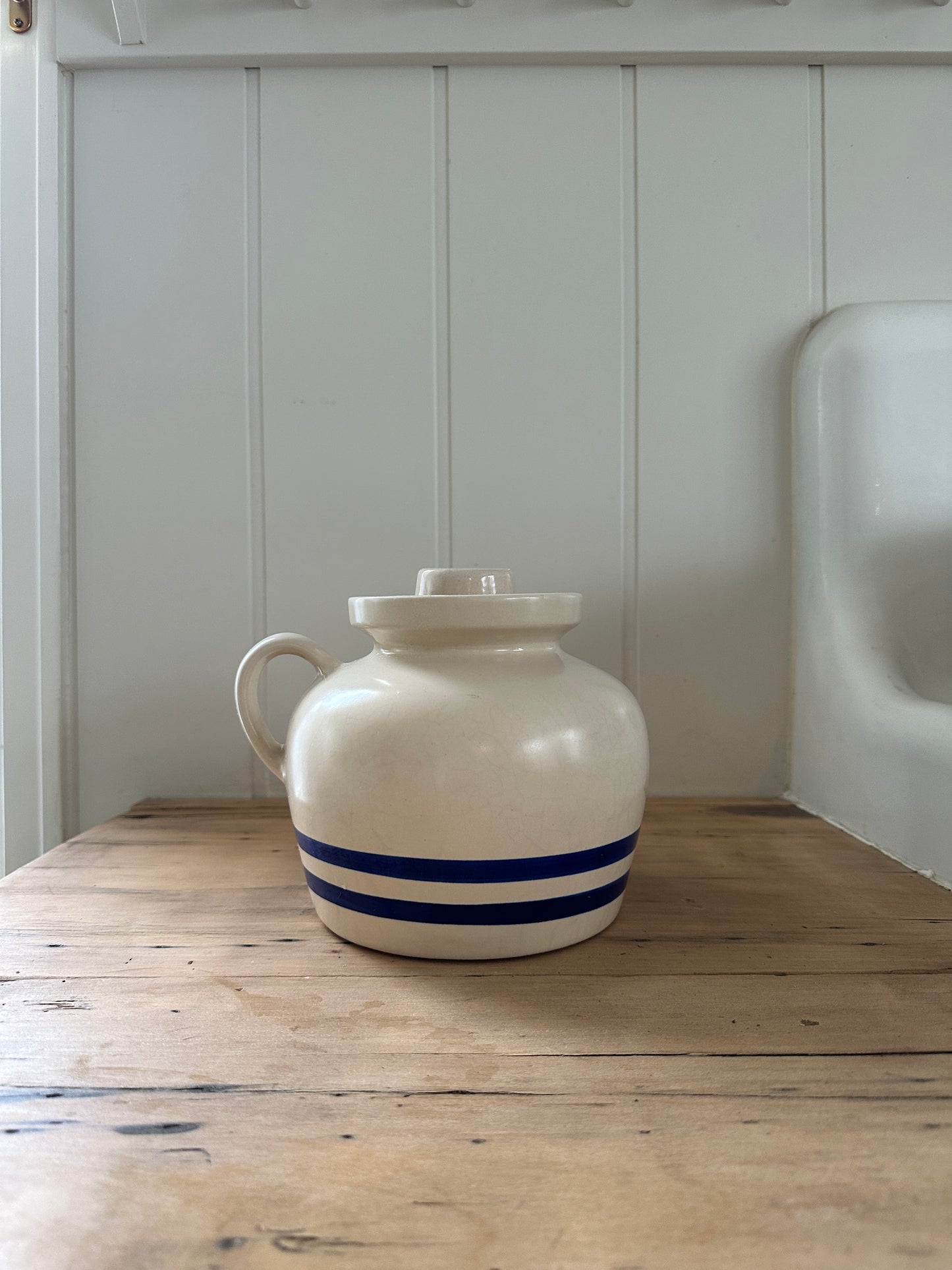 vintage blue striped bean pot