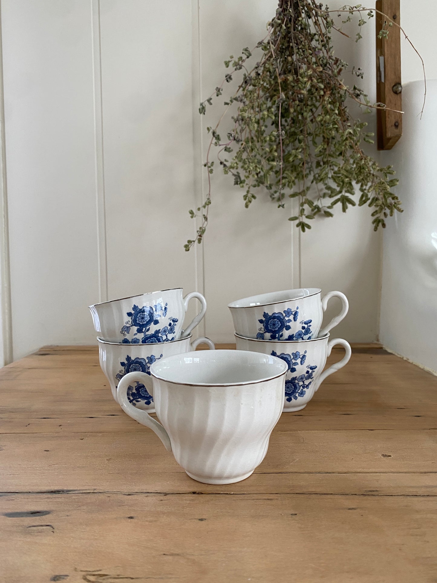 vintage ironstone blue floral tea cups