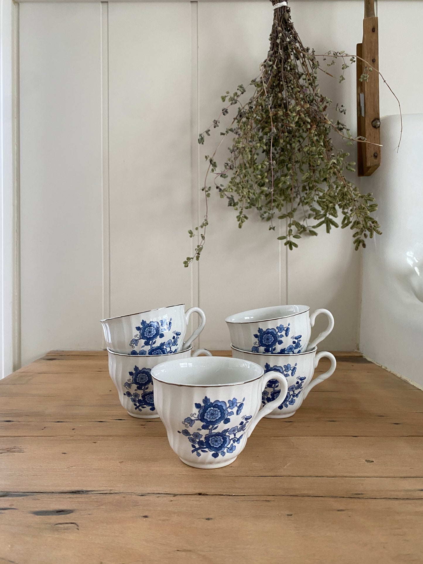 vintage ironstone blue floral tea cups