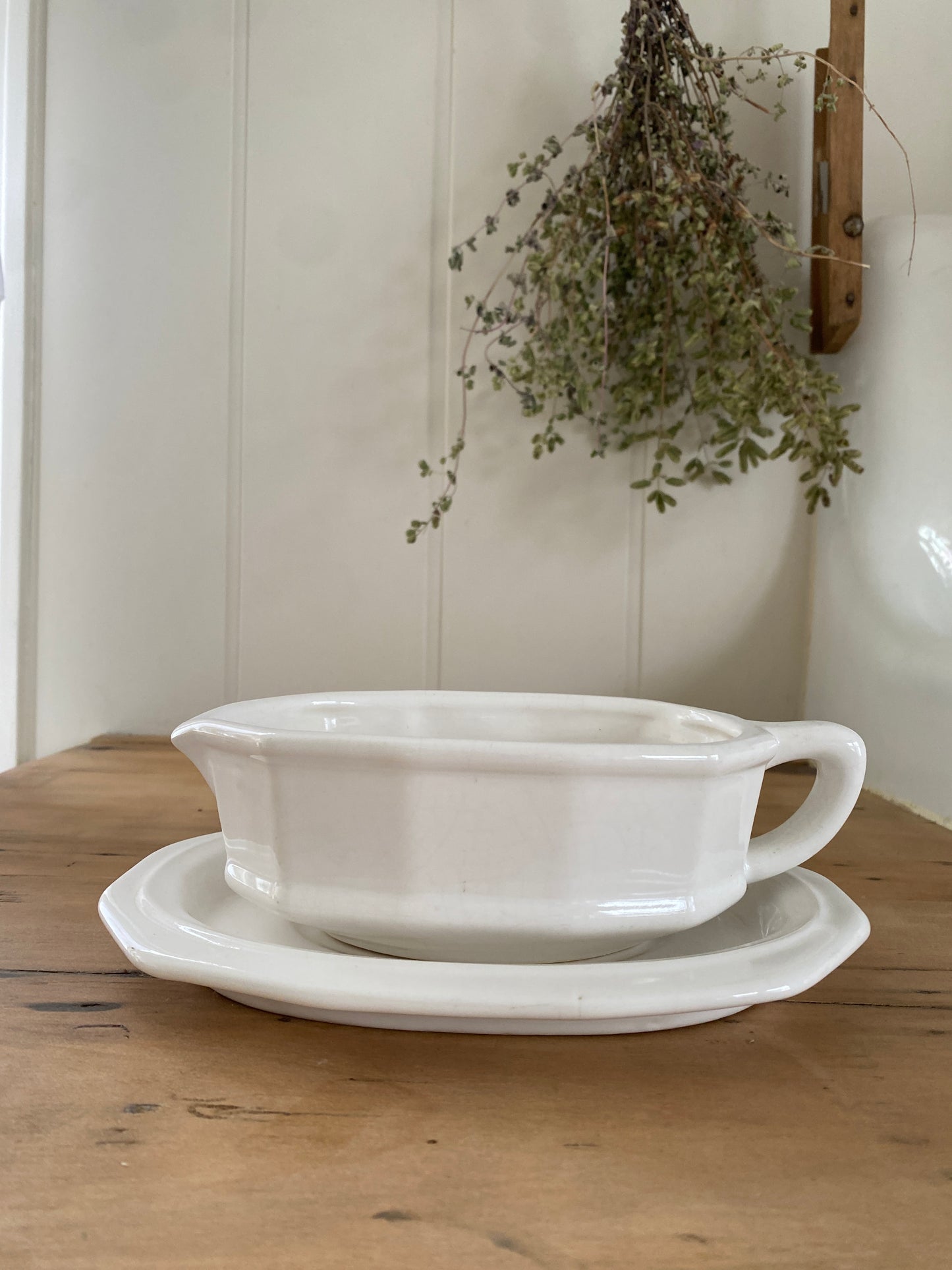vintage stoneware gravy boat + tray