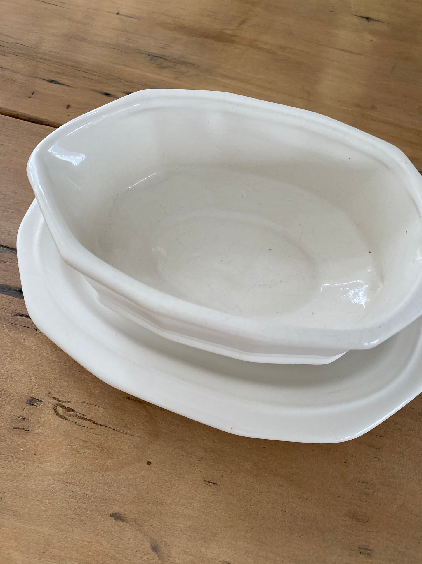 vintage stoneware gravy boat + tray