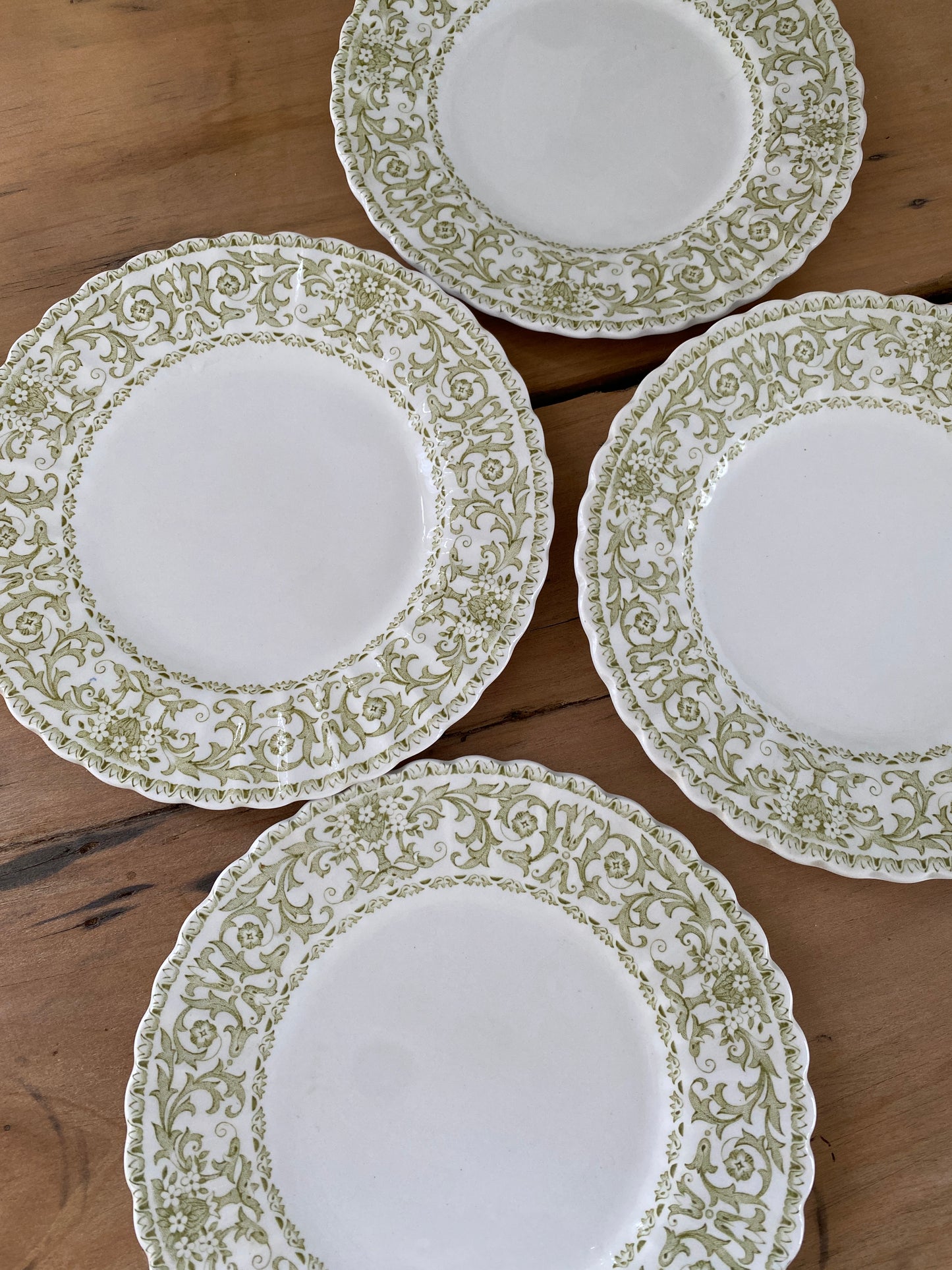 vintage green & white scallop ironstone plates