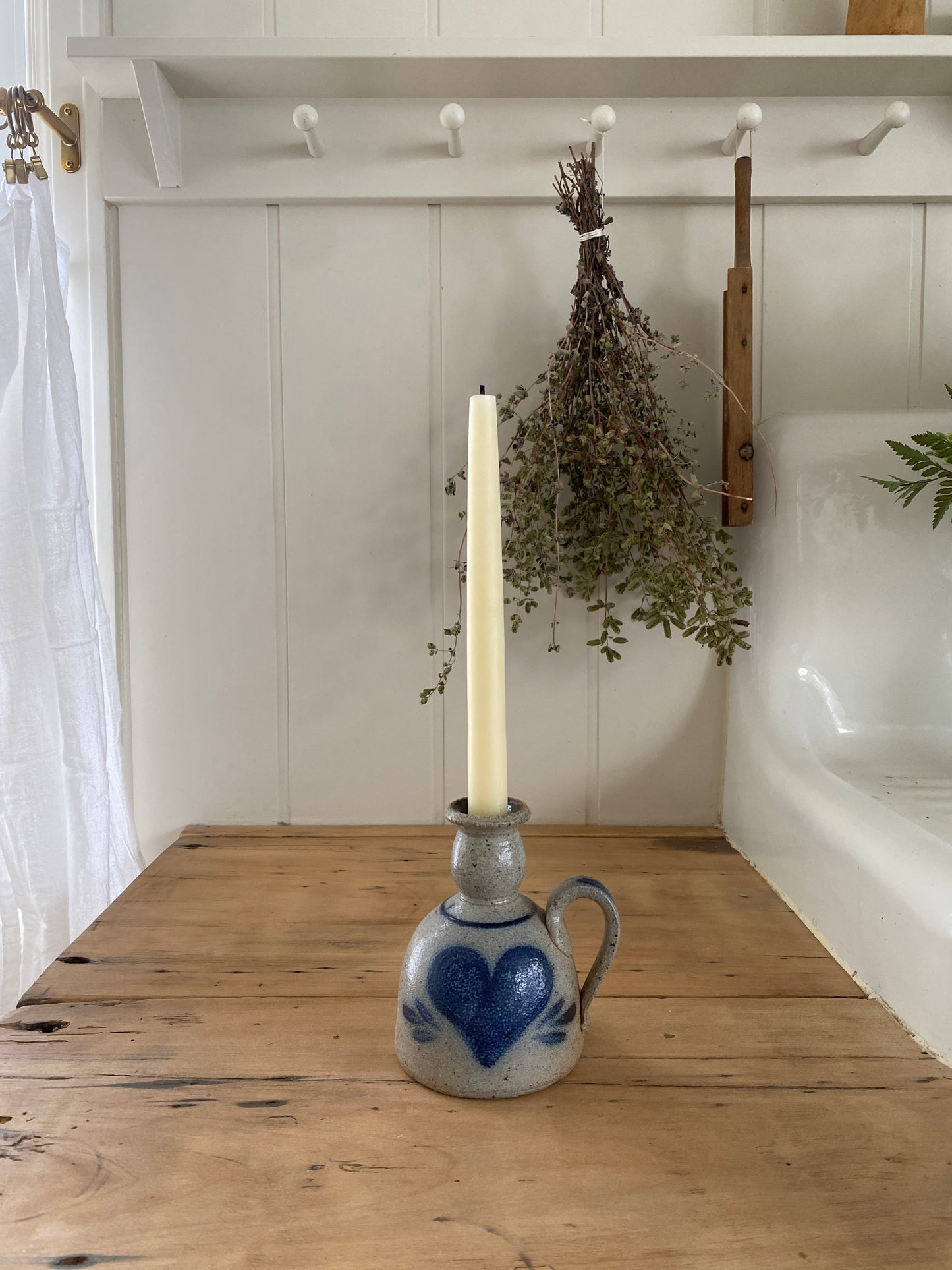 vintage hand painted salt glazed candlestick holder