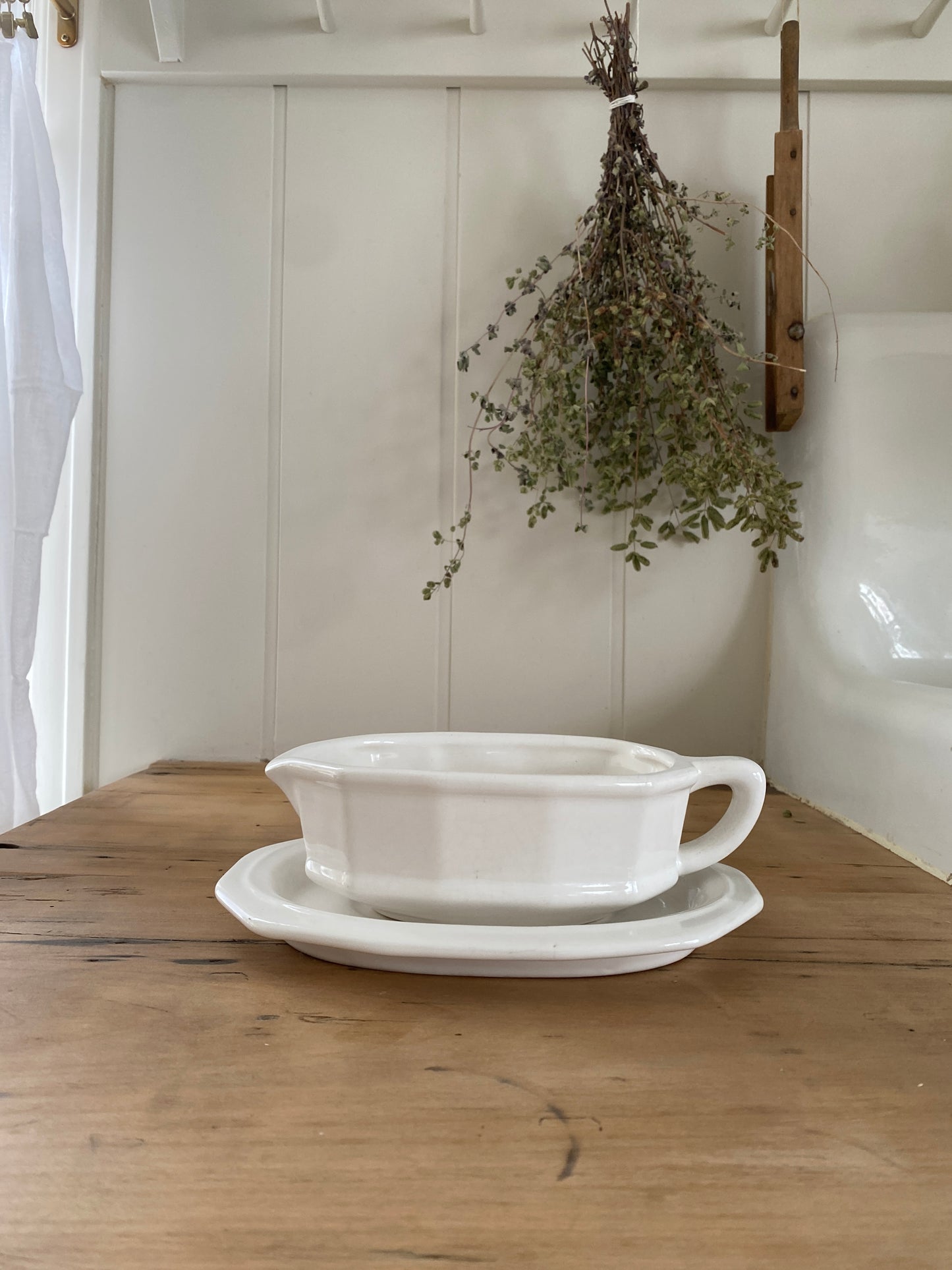 vintage stoneware gravy boat + tray