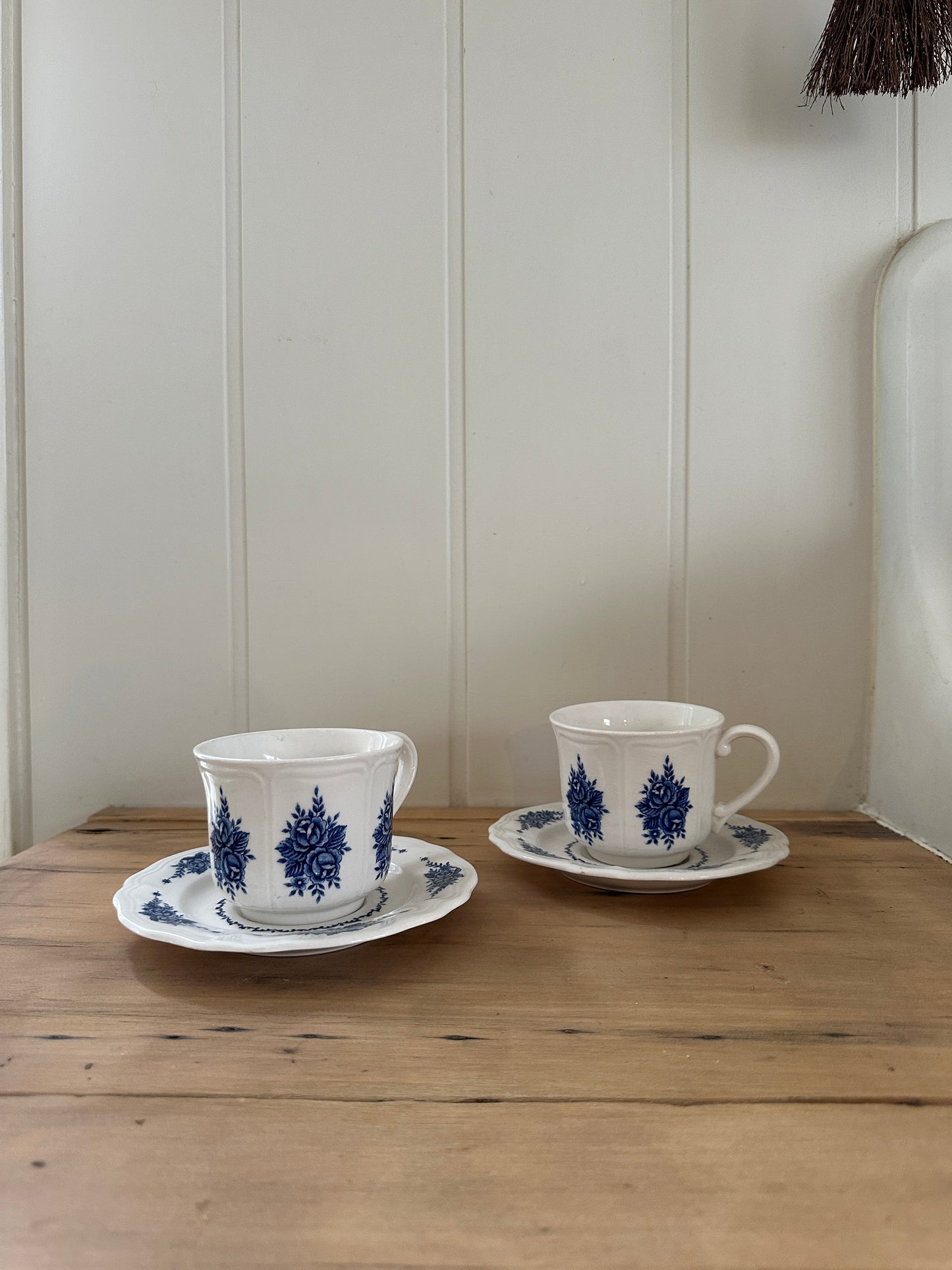 vintage blue floral ironstone tea cup + matching saucer