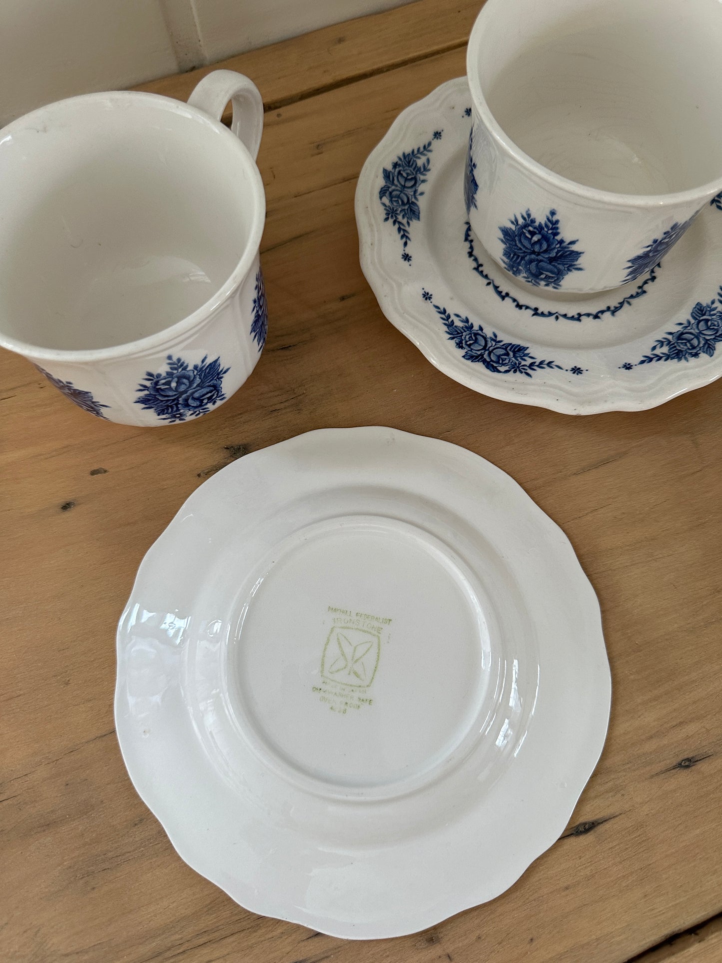 vintage blue floral ironstone tea cup + matching saucer