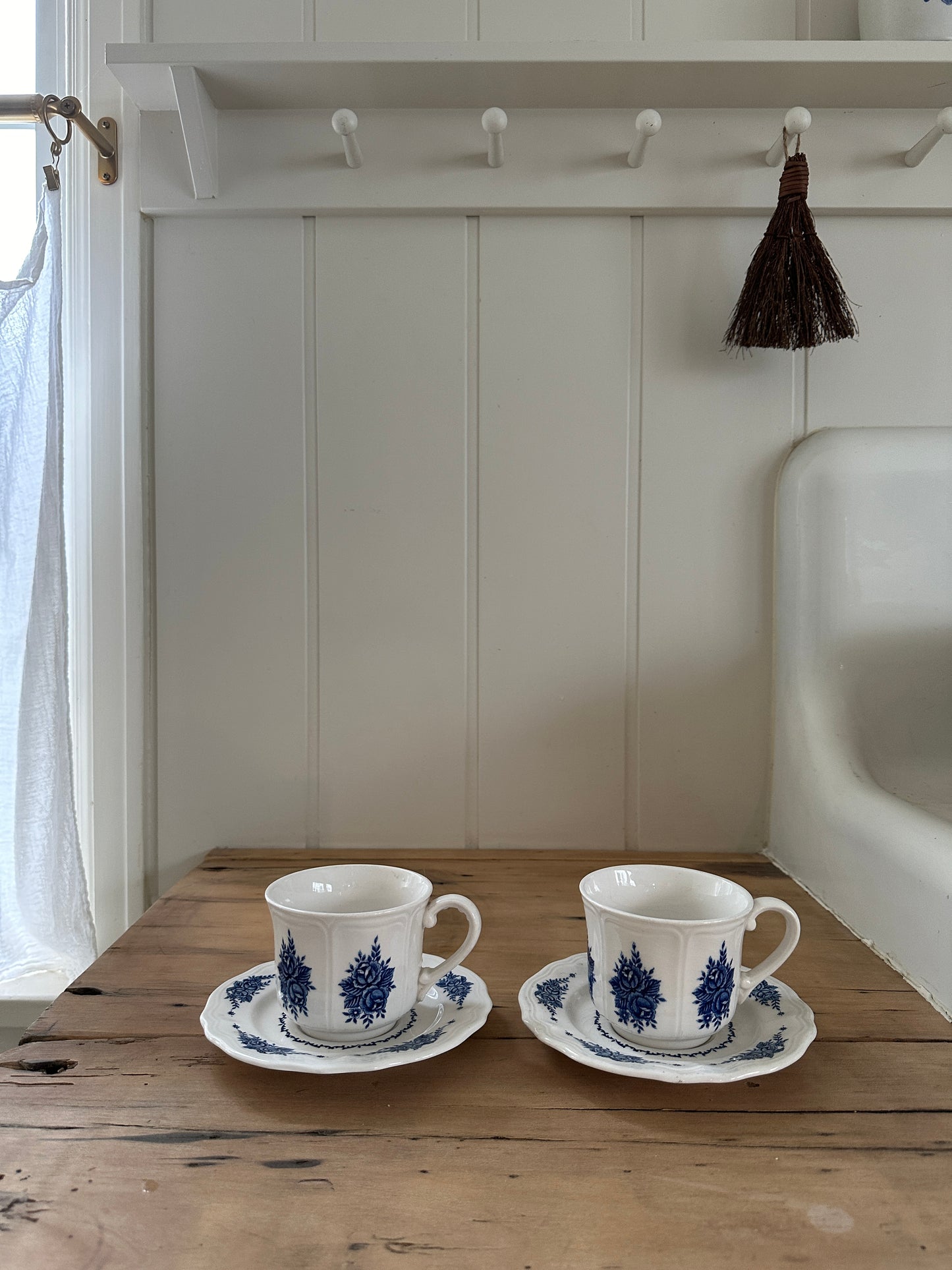 vintage blue floral ironstone tea cup + matching saucer