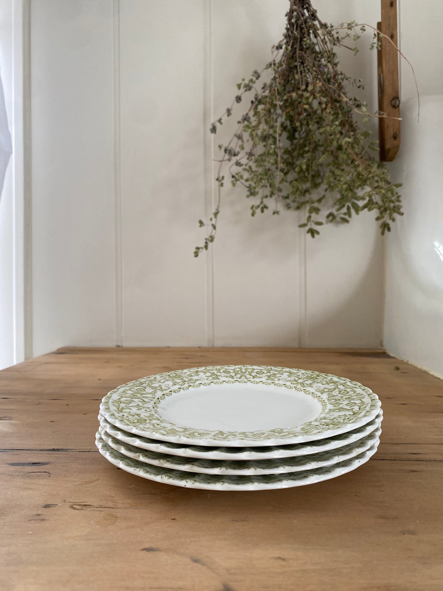 vintage green & white scallop ironstone plates