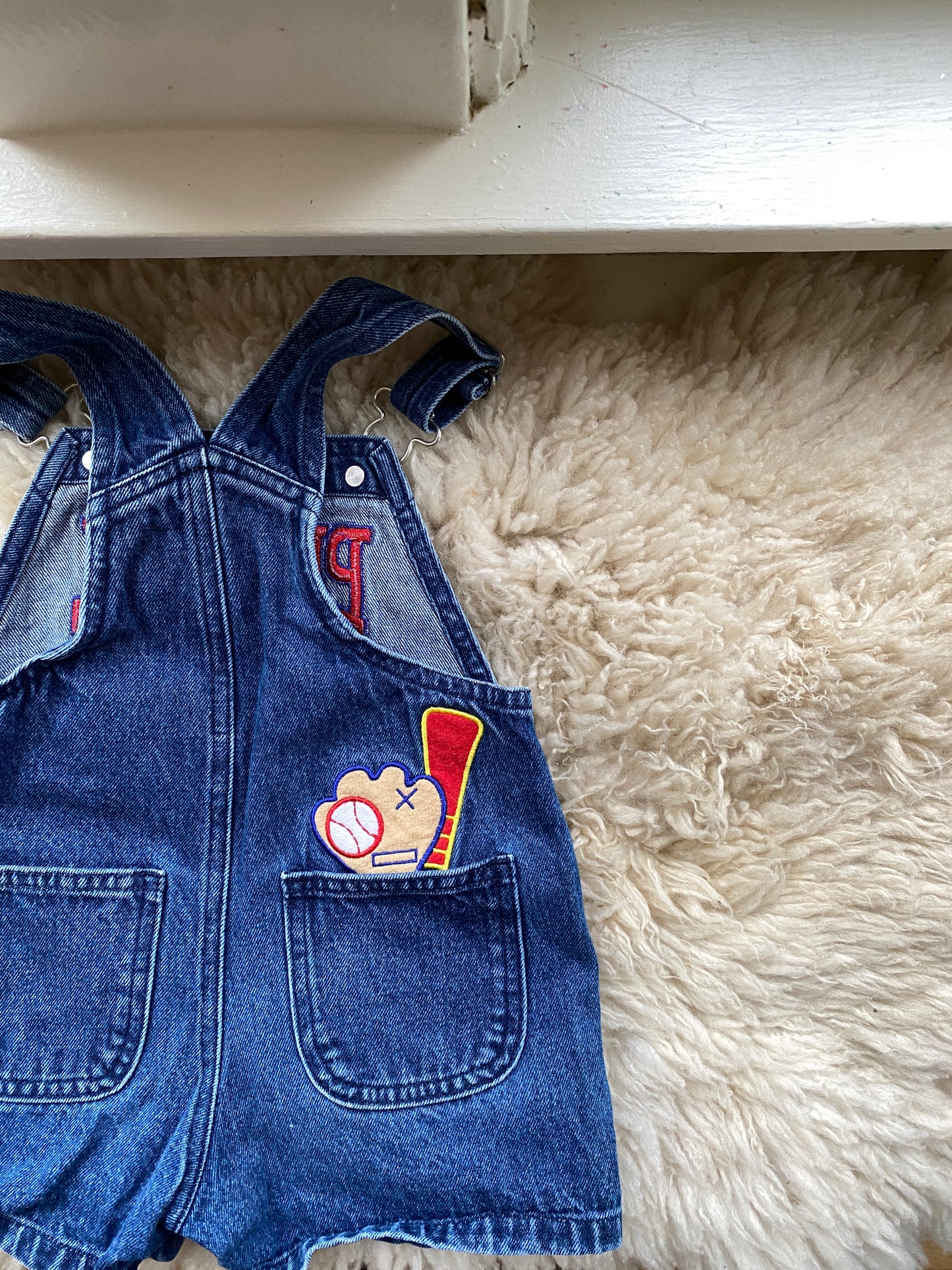 vintage baby denim shortalls, 12 months